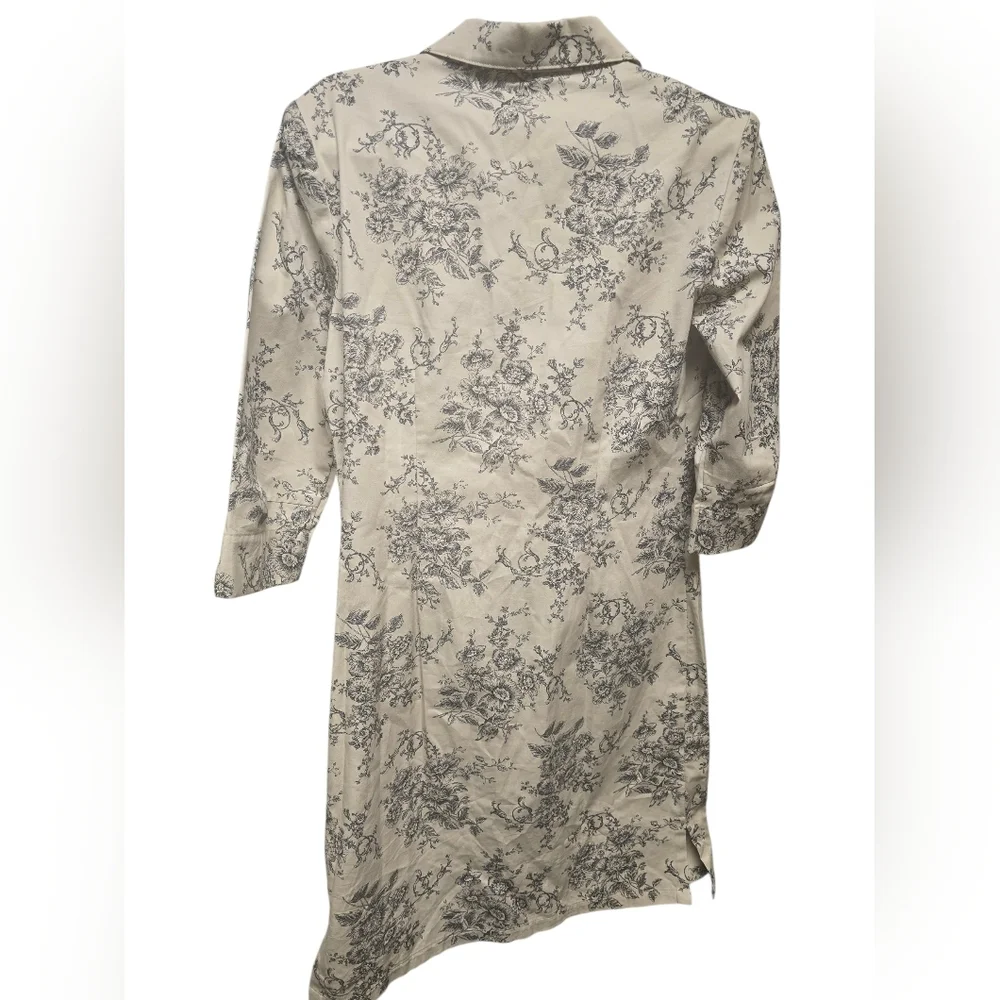Talbots tan blue 3/4 sleeve button front tunic dress flowers womens size 4